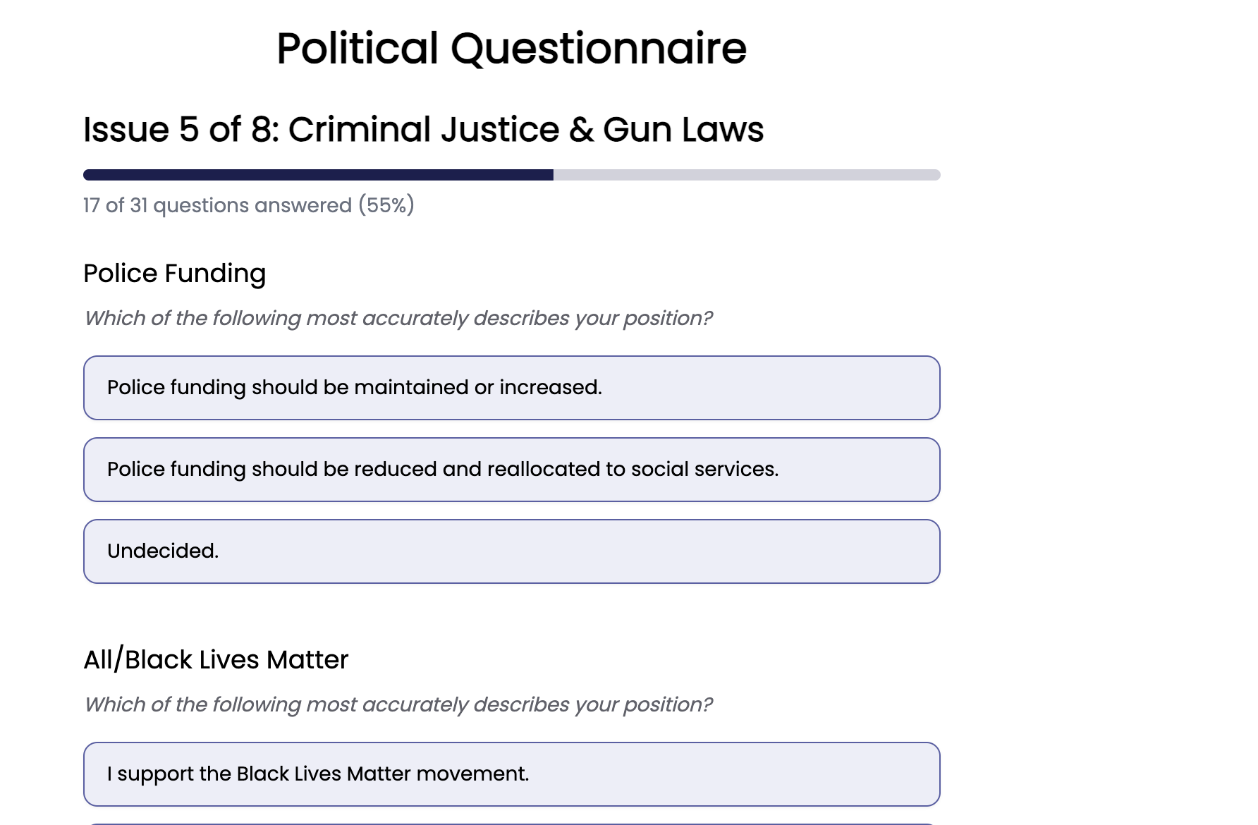 Showcasing the questionaire